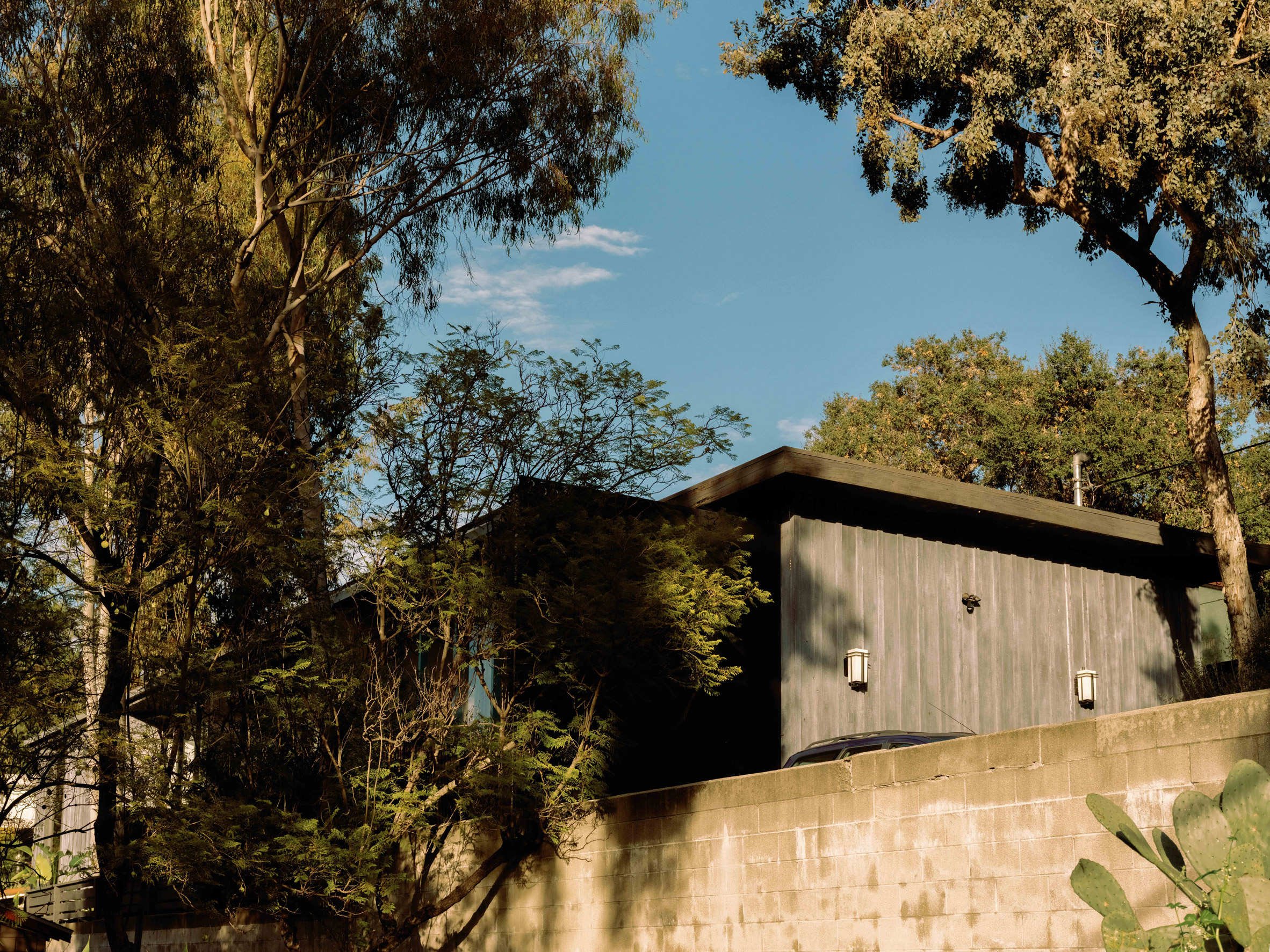 Exterior of house with weathered timber cladding and surrounded by trees