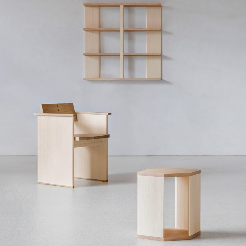 A wooden chair, shelf and table