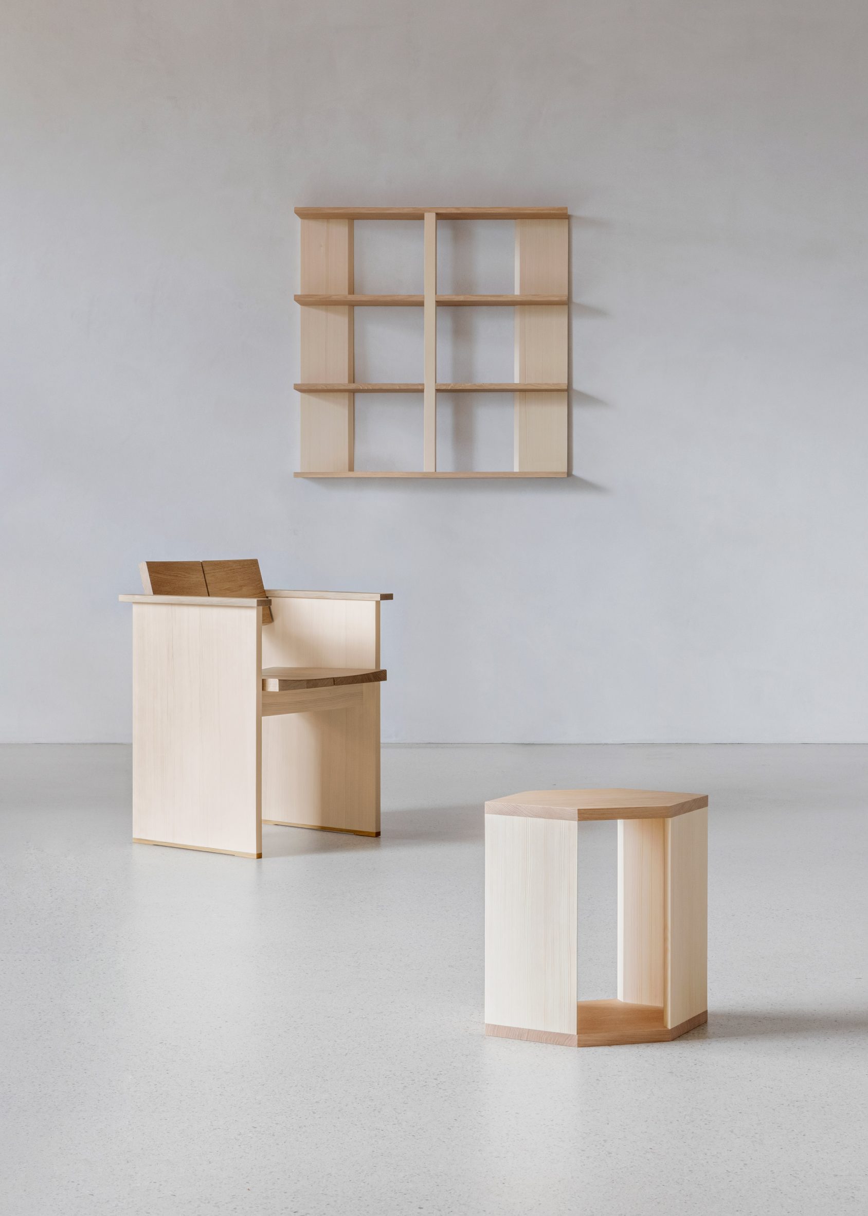 A wooden chair, shelf and table