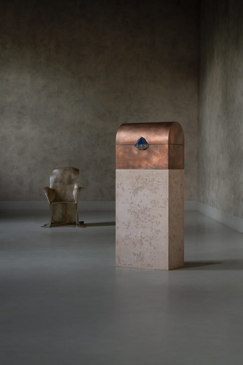 Kar Studio's fibreglass chair and Pierre De Valck's copper chest in Future Relics exhibition by Galerie Philia and Shifting Vision