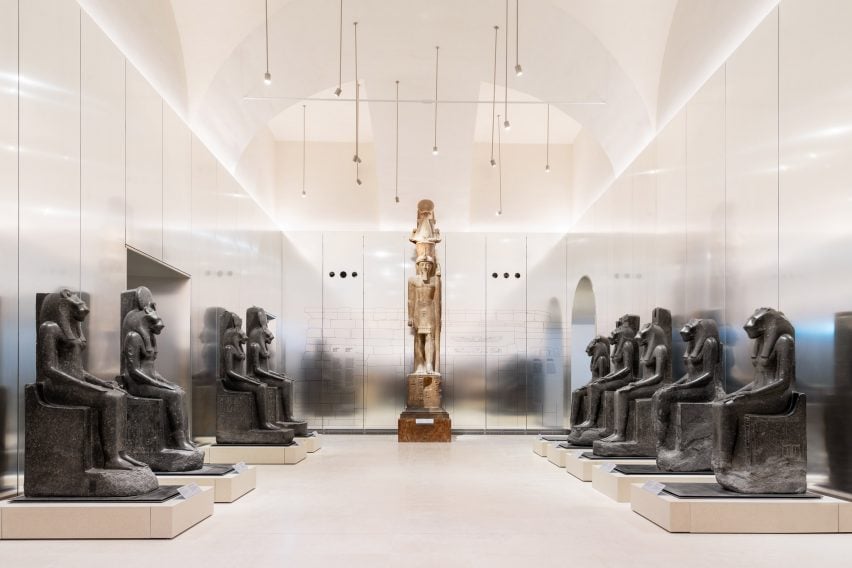 Egyptian statues in aluminium hall