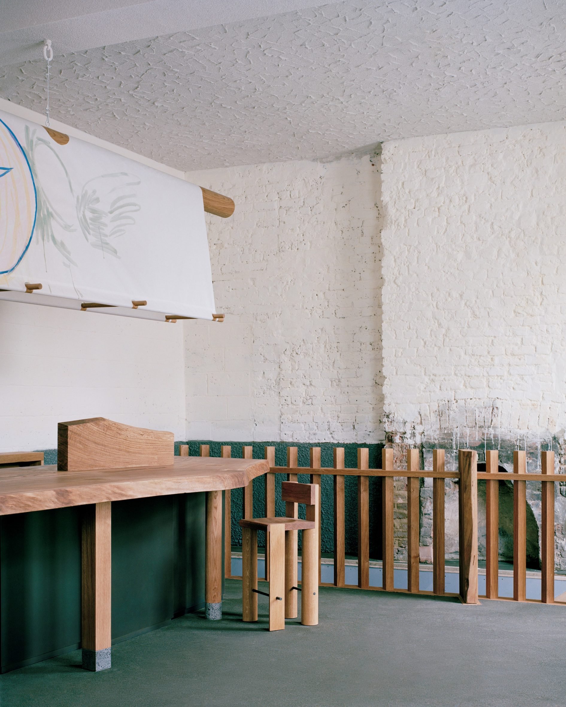 Wooden furniture in London bar