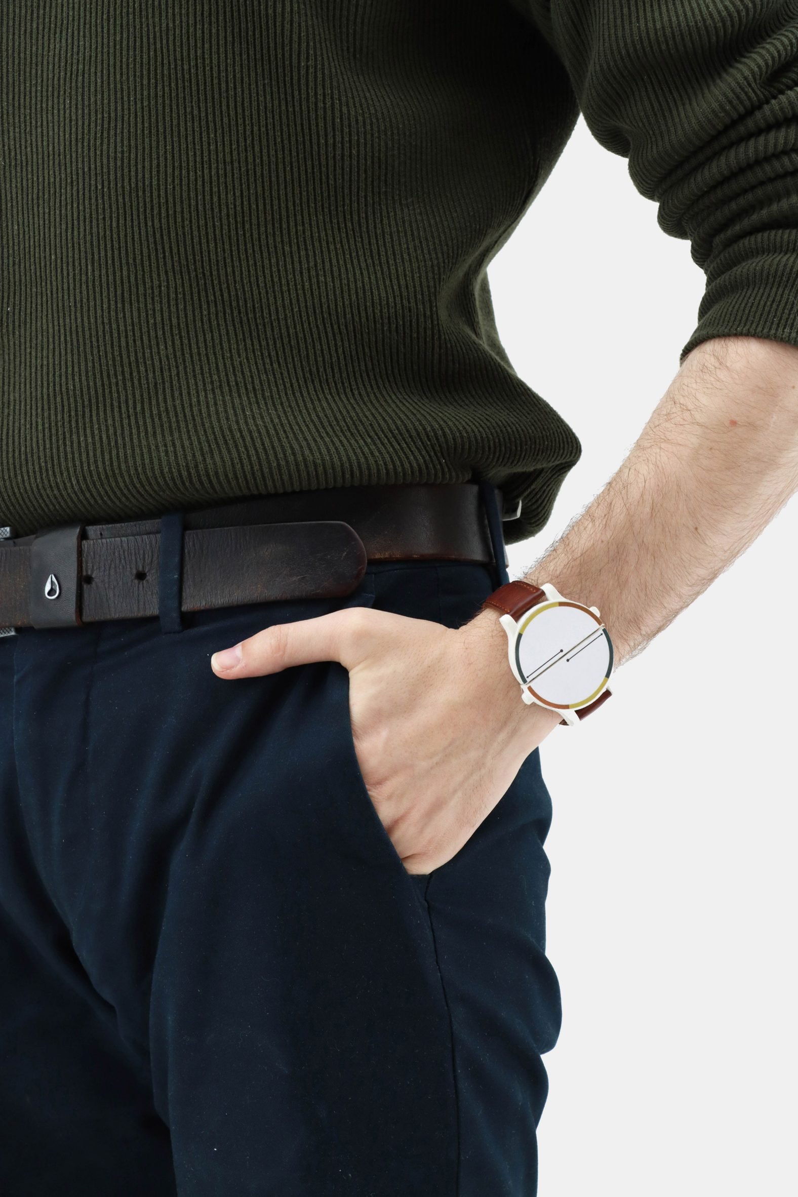 Close-up photo of a man's arm wearing the Ha Mat watch and chess timer