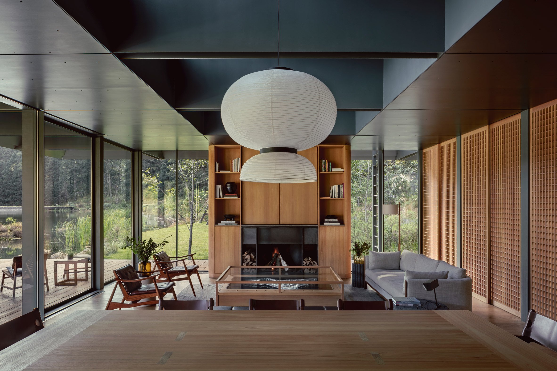 Wooden console and Japanese-style paper chandelier