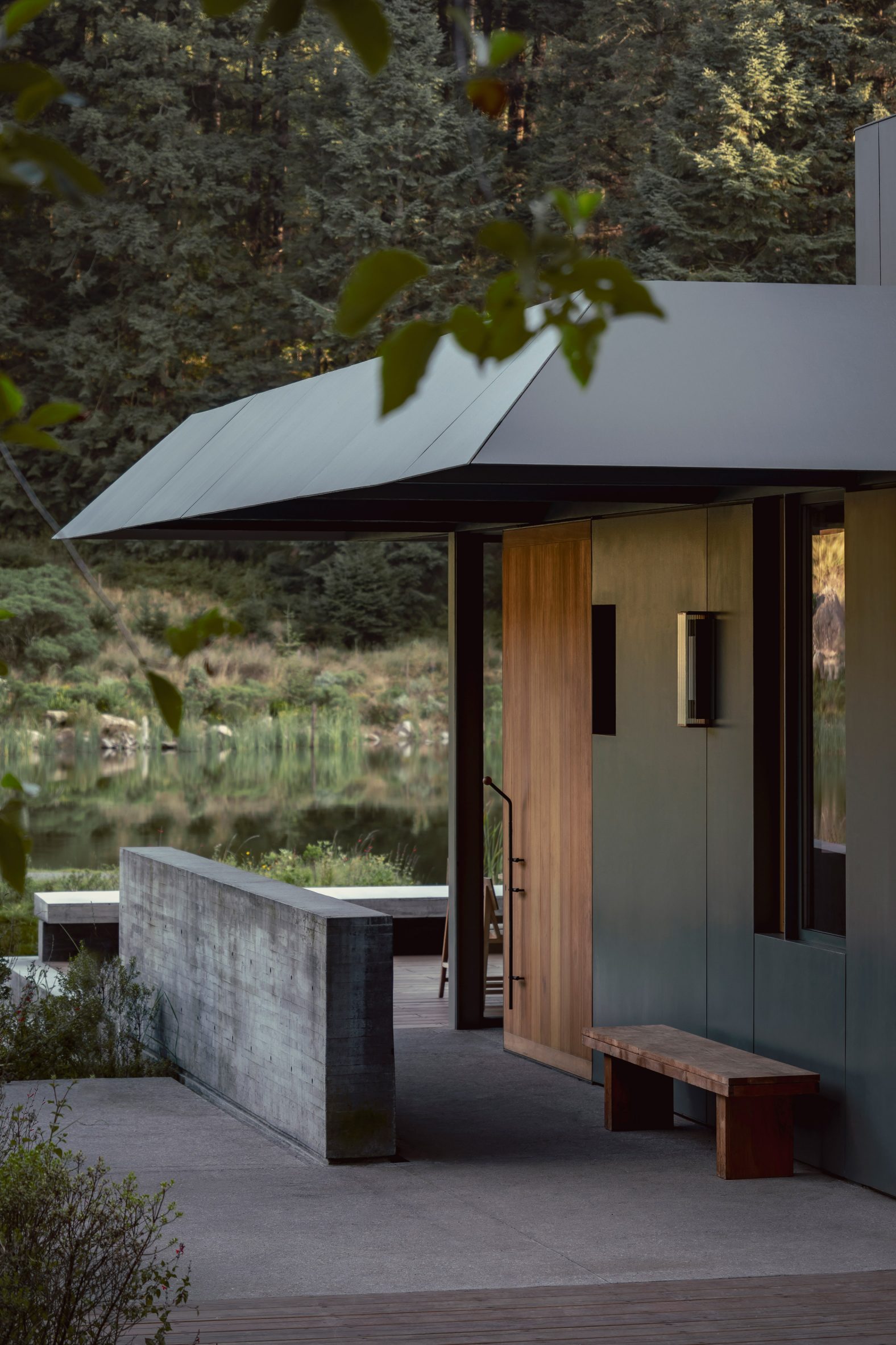 Deep eaves of lake-side pavilion