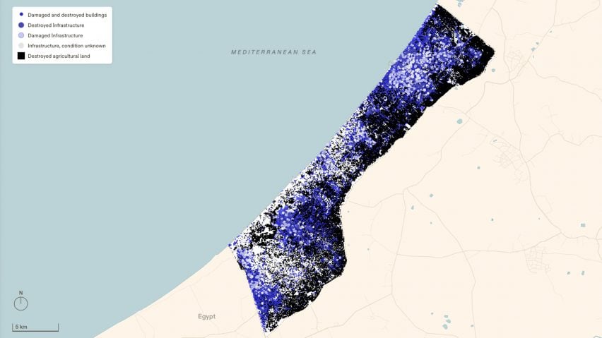 Map of destroyed infrastructure and agricultural land in Gaza by Forensic Architecture