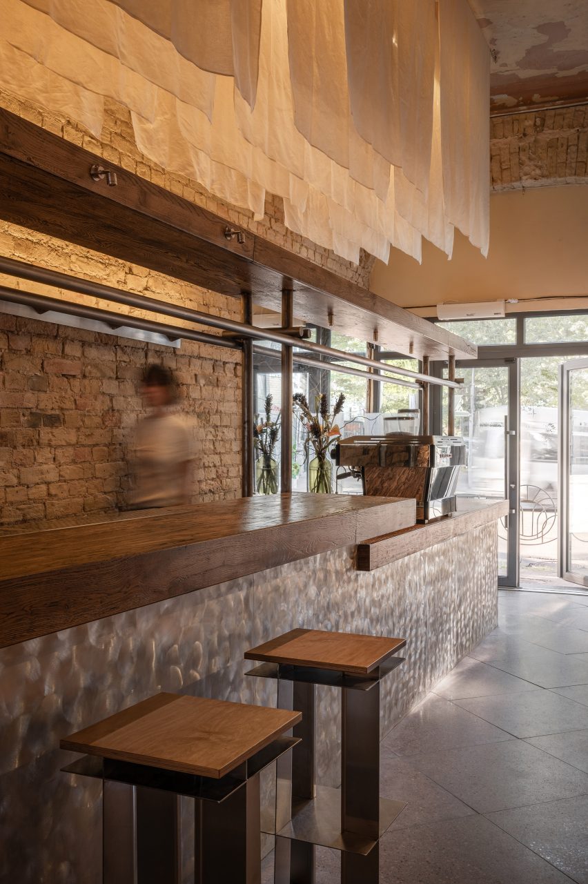 Bistro interior with metal and wood bar