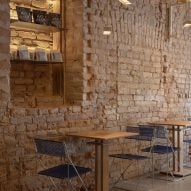 Restaurant interior with wooden and metal furniture