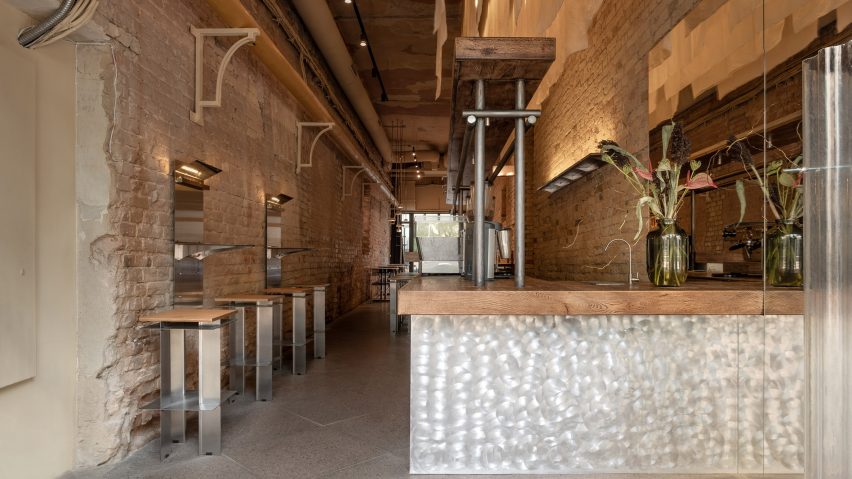 Restaurant interior with wooden and metal furniture