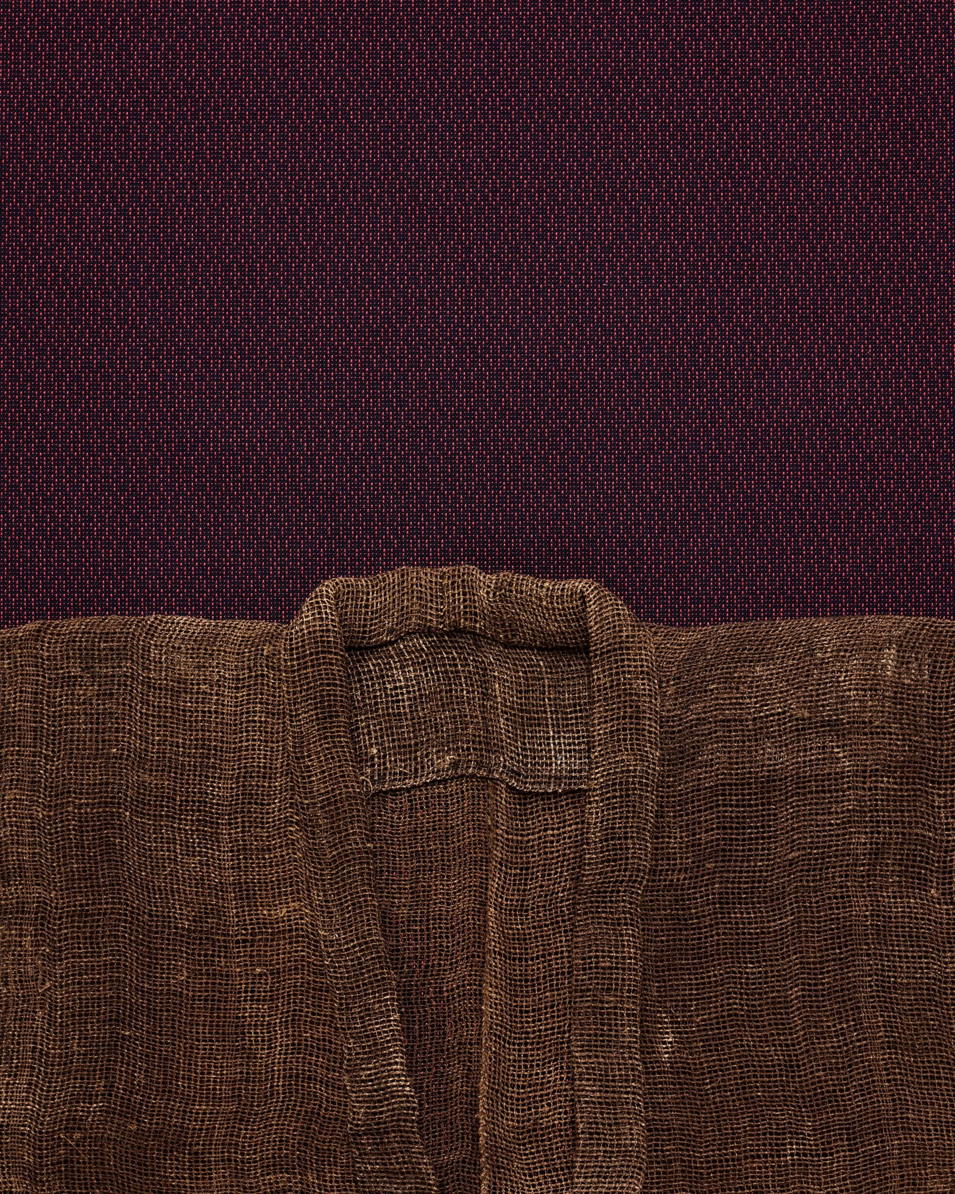 Image of burgundy-coloured Ame textile paired with a brown, loosely woven kimono