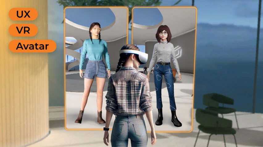 A visualisation of a person wearing a VR headset. In front of them are two screens, each showing a character. On the top left of the screen are three orange circular shapes, with black text on each of them.