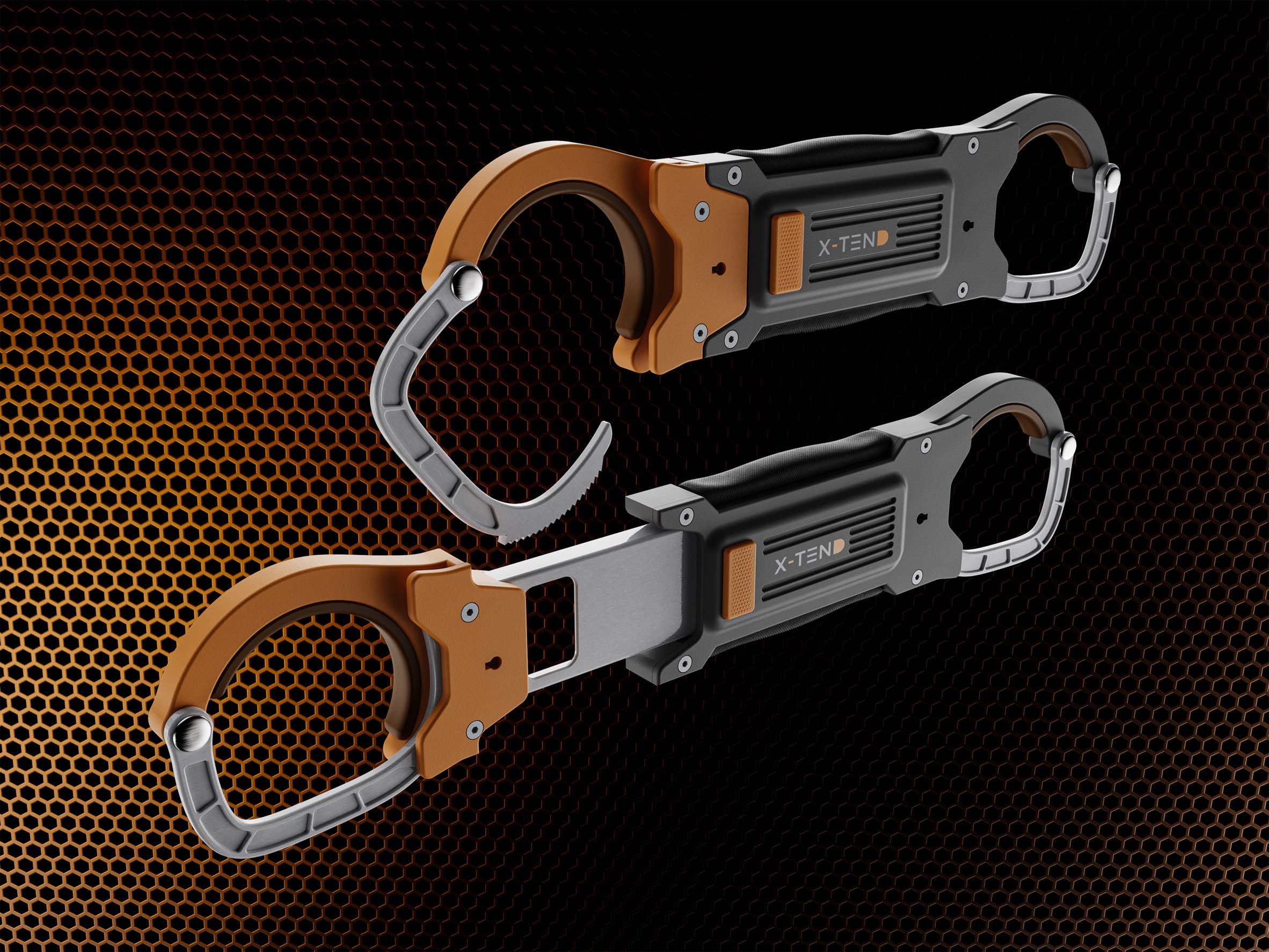 A visualisation of handcuff designs in tones of orange, black and grey, against a backdrop of the same colours.