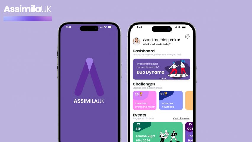 An image displaying an app design, showing two smartphones beside one another with the app on their screens, in tones of purple.