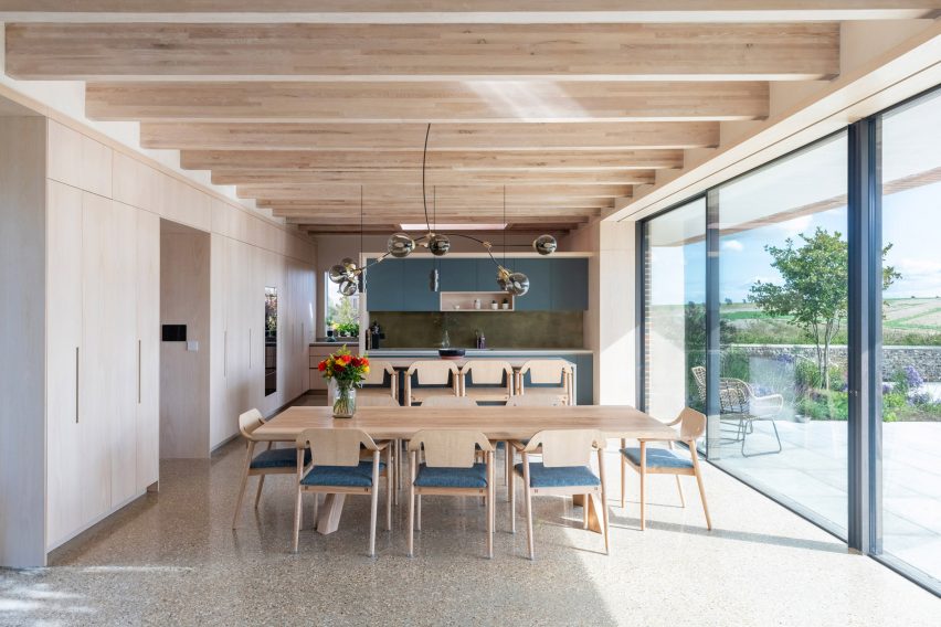 Dining room with wooden ceiling