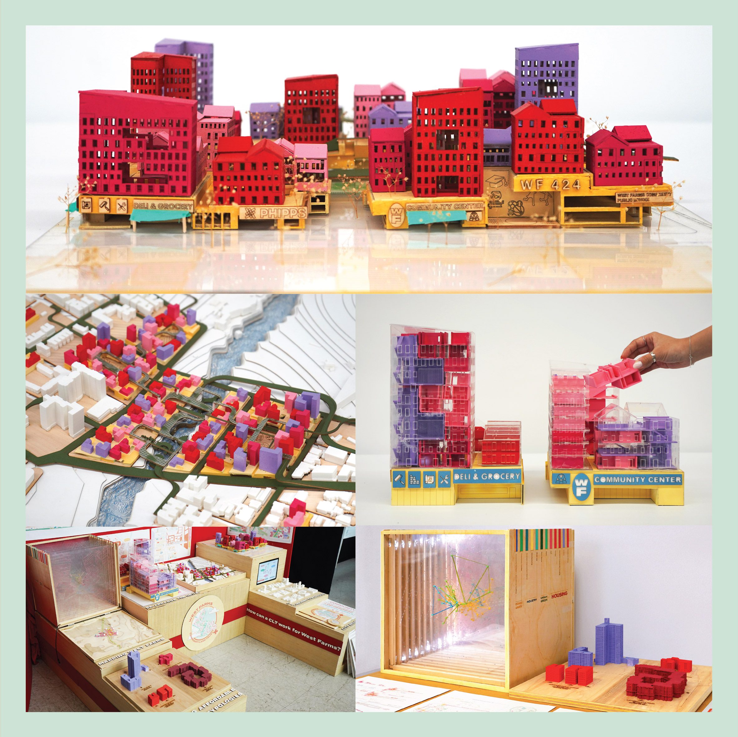 A series of photographs of an architectural model comprised of mutiple red, pink and purple buildings, atop a yellow structure.