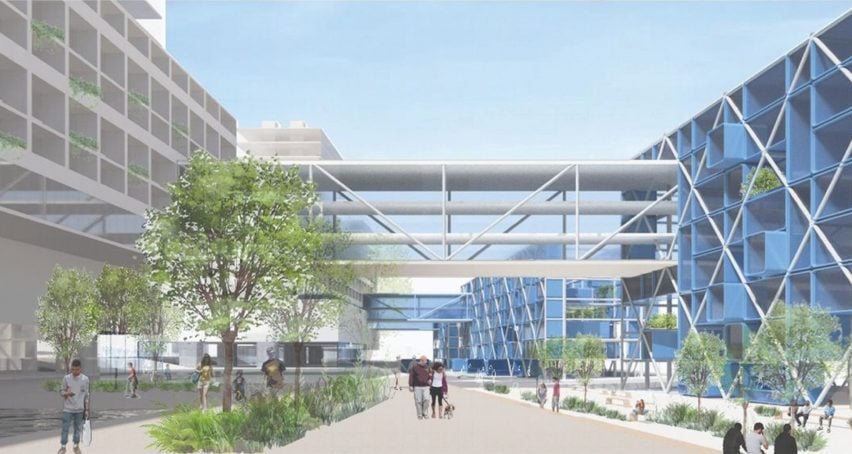 A visualisation of two large buildings, in tones of grey and blue, with an interconnecting bridge between them in tones of grey and white. Below is a pedestrianised path with green plants and trees on it and people walking. 