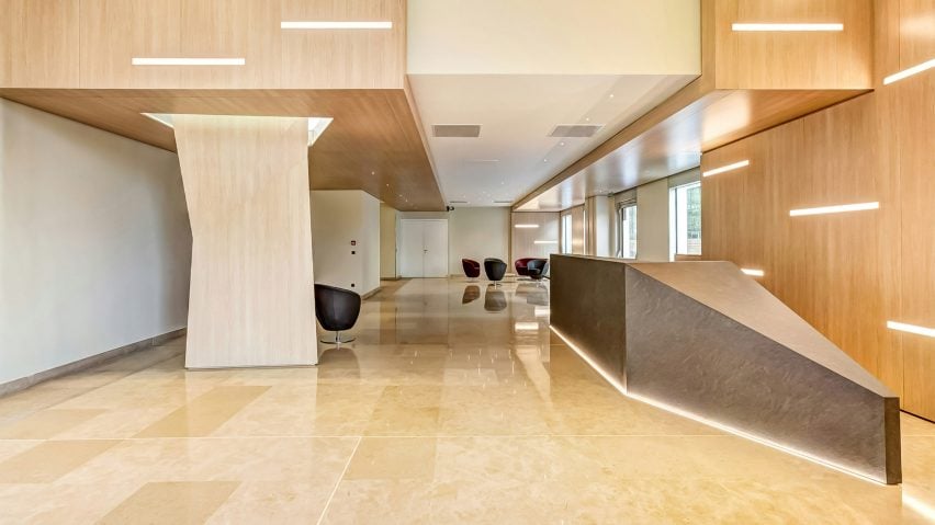 Office lobby with wood and neutral tones