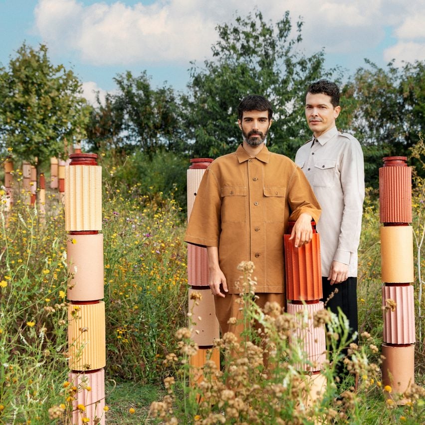 Terracotta pillars in a vineyard