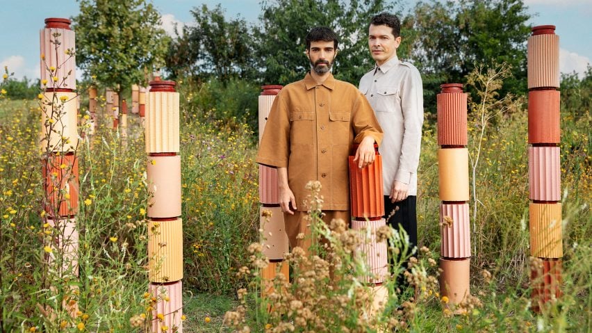 Terracotta pillars in a vineyard