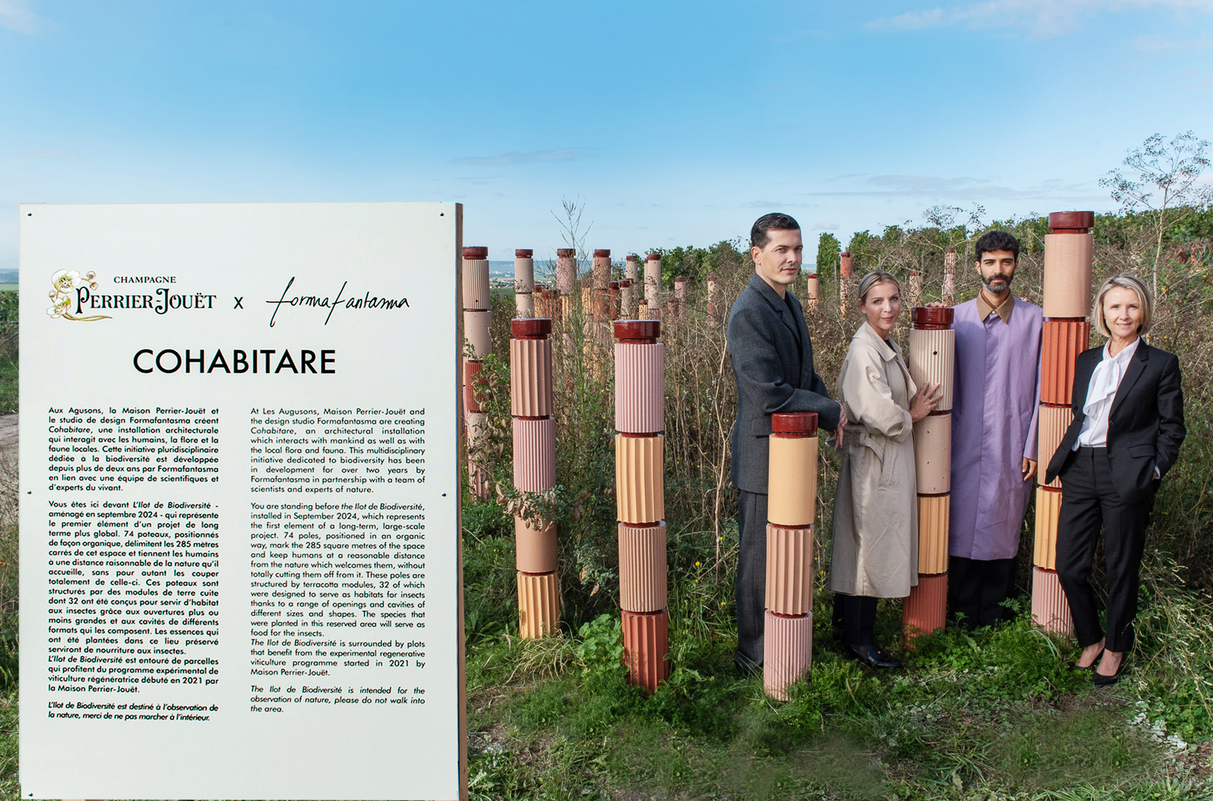 Terracotta pillars in a vineyard