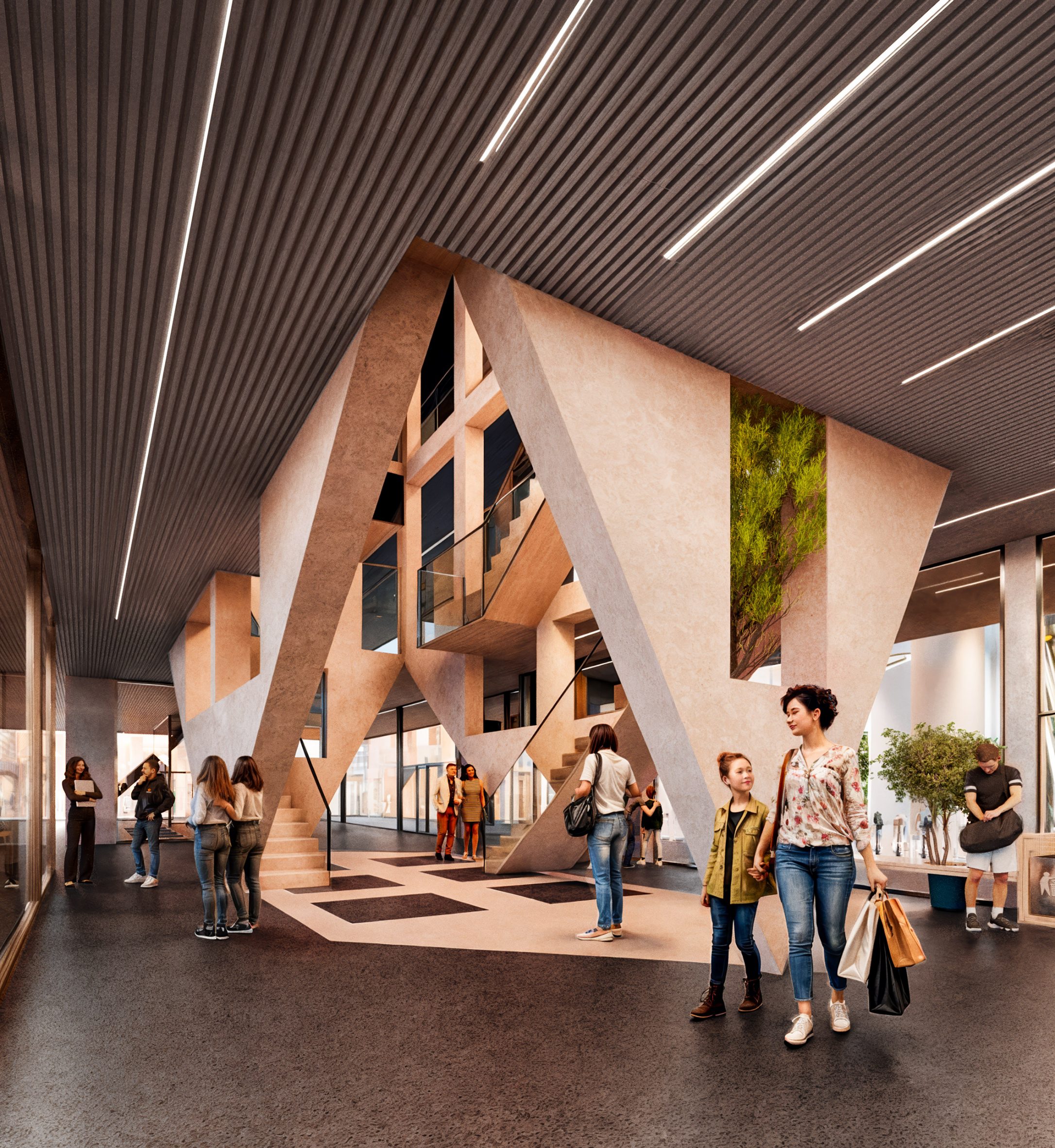 Render of ground floor interior at mixed-use project by NOA and Atelier4