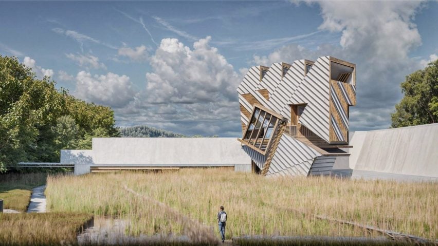 A visualisation of a building in stones of grey and brown within a green and yellow field with a blue sky above.