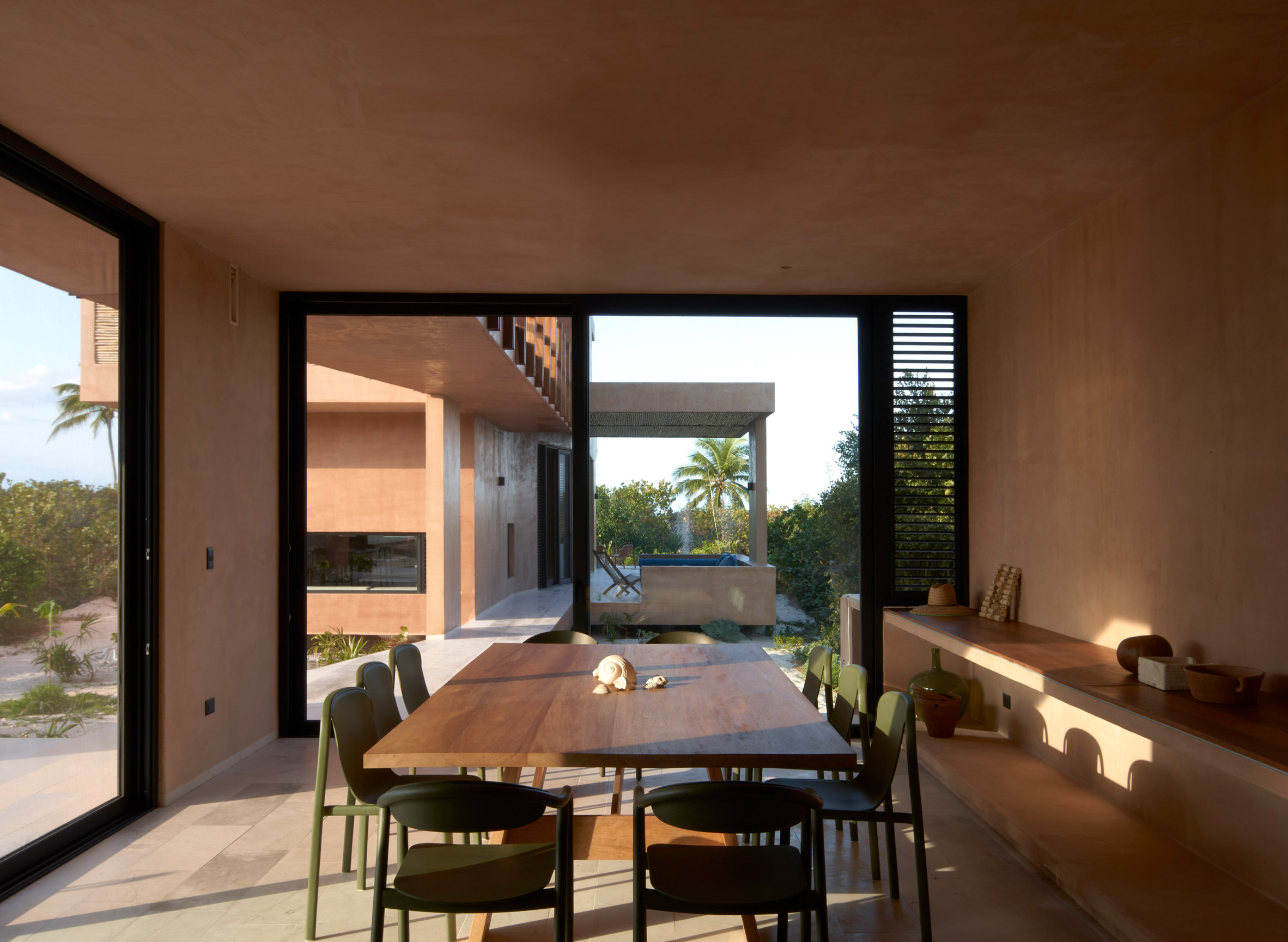 Rose-coloured dining space