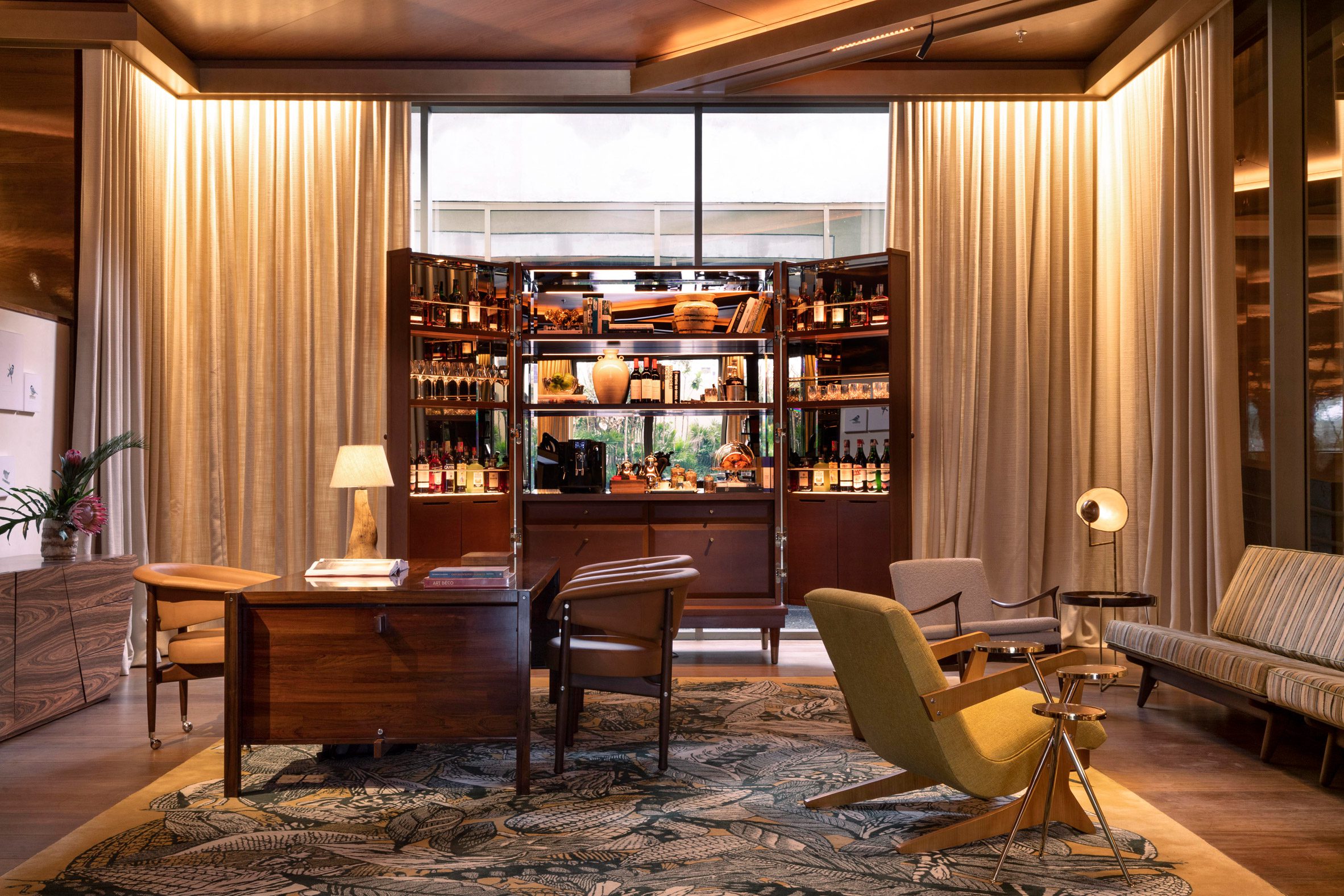 Lobby with wooden furniture and warm lighting