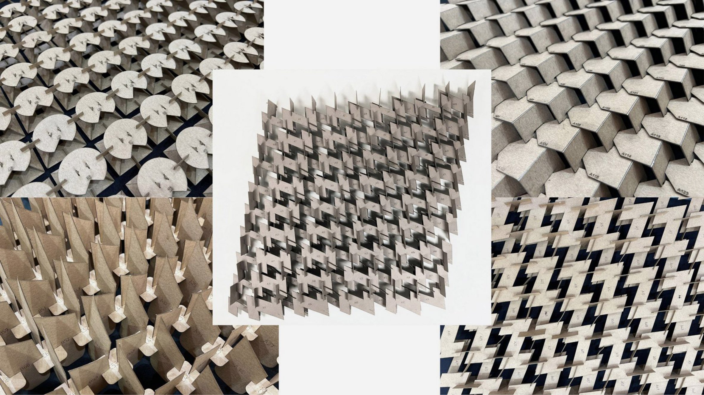 A series of photographs of an abstract design project, which shows repeated physical forms in tones of grey, against a white backdrop.