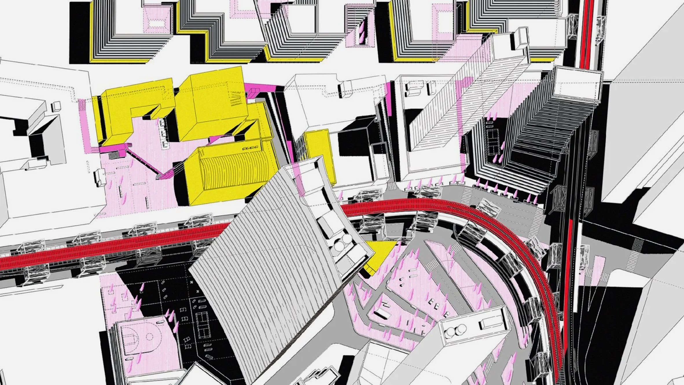 A digital illustration of a group of buildings from above, in tones of grey, white, black, pink, red and yellow.