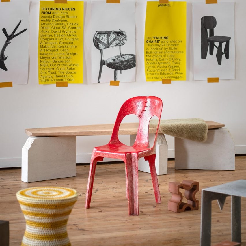 Red plastic chair in the Africa Chair exhibition