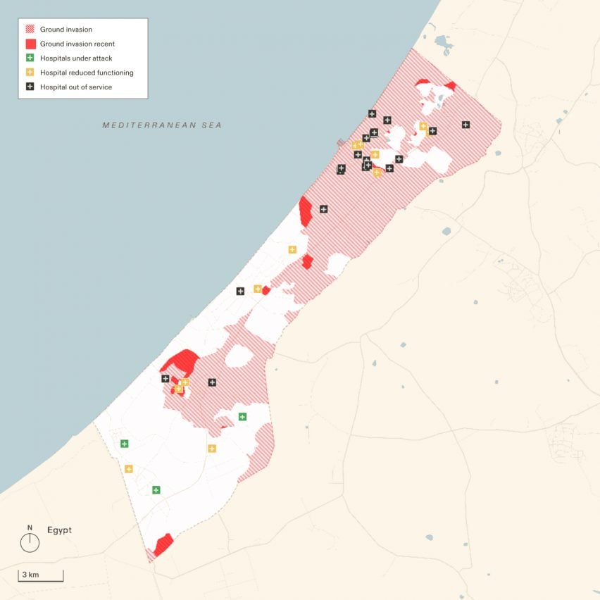 Map of destroyed medical infrastructure in Gaza by Forensic Architecture