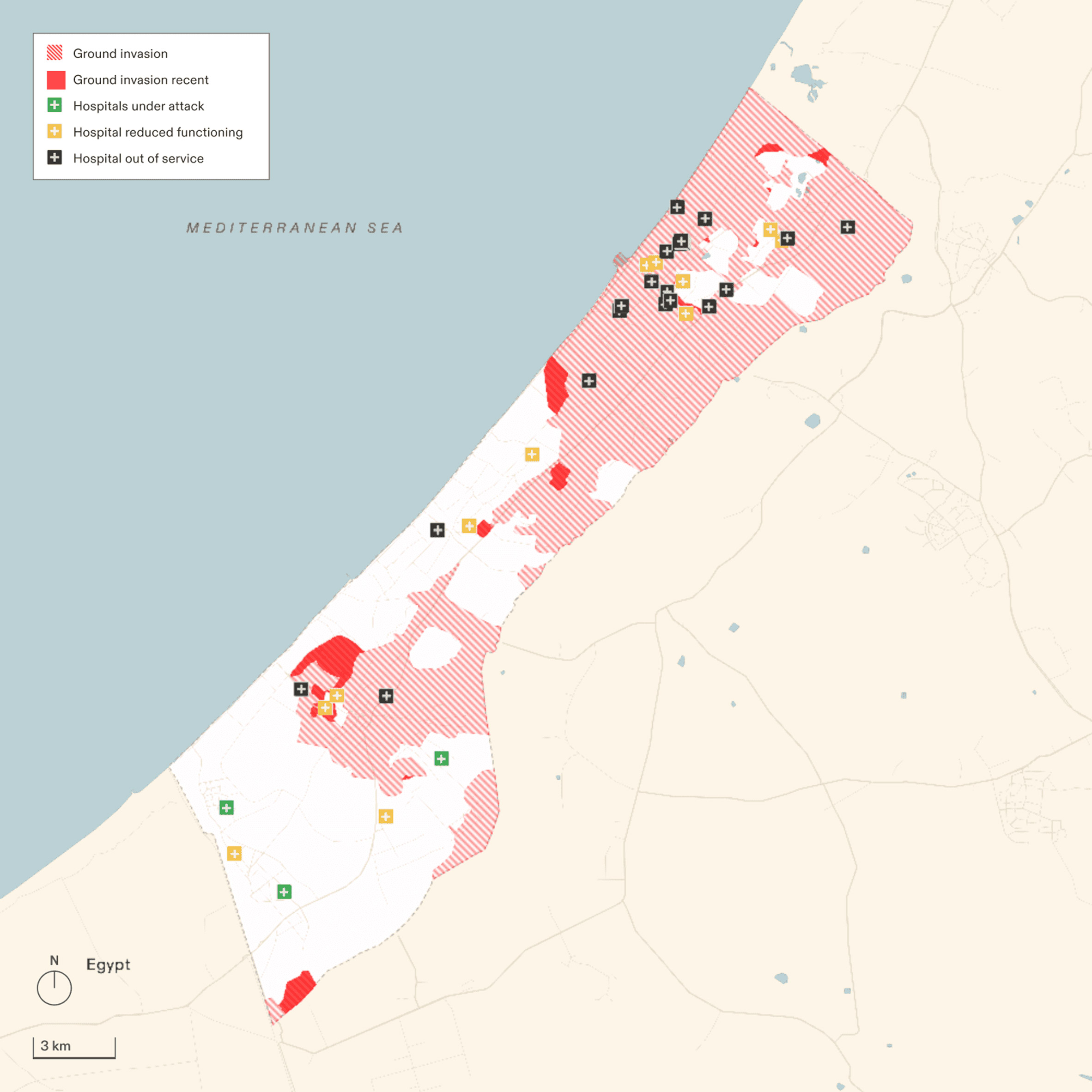 Map of destroyed medical infrastructure in Gaza by Forensic Architecture