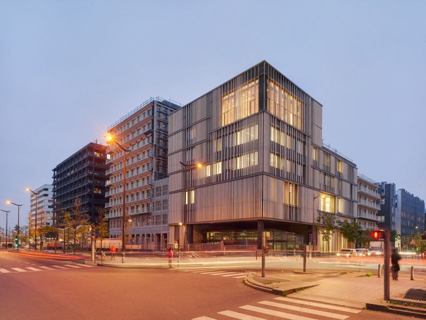 Studio Gang's stone-clad Boyer Center at night