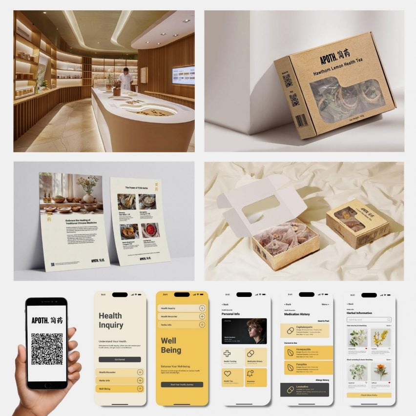 A series of visualisations and images depicting a pharmaceutical project, showing a chemist, an photograph of a product within a cardboard box, and an app which accompanies the project. There are consistent colours of yellow, white and beige throughout.