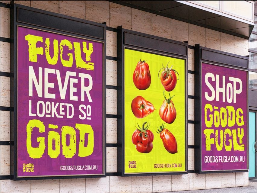 A photograph of three billboards displaying a campaign against food waste, in tones of purple, yellow and white. There is text on two of the billboards, while the third displays photographs of red tomatoes against a bright yellow backdrop.