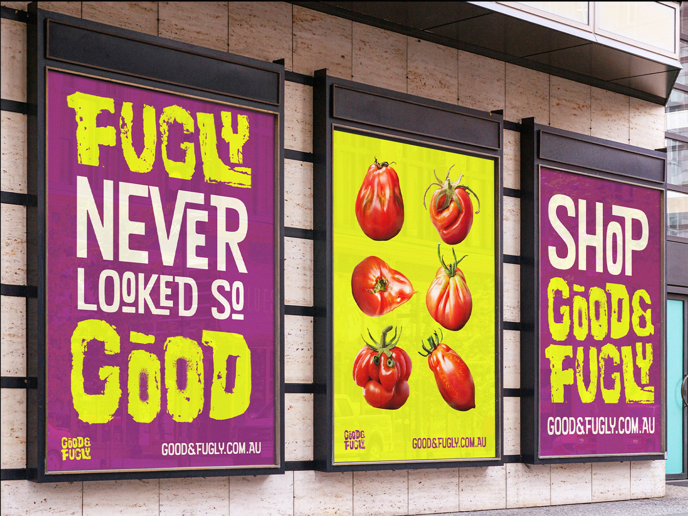 A photograph of three billboards displaying a campaign against food waste, in tones of purple, yellow and white. There is text on two of the billboards, while the third displays photographs of red tomatoes against a bright yellow backdrop.