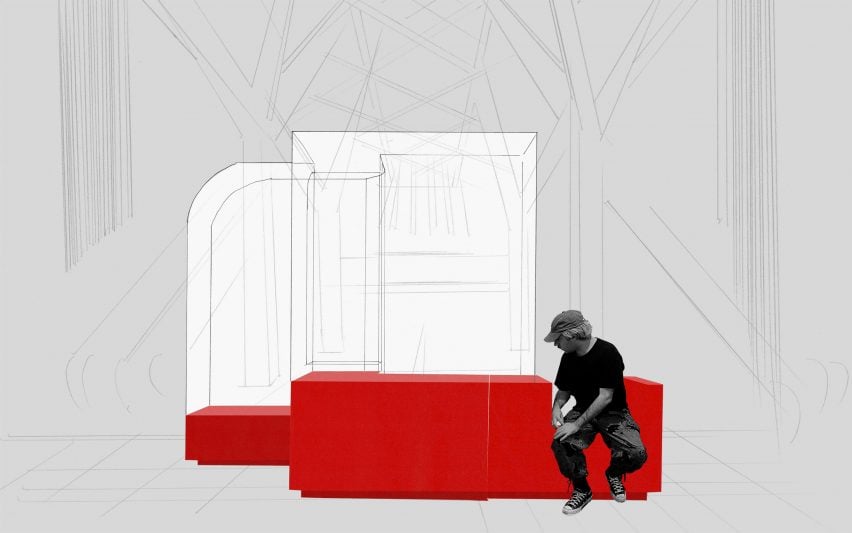 A visualisation of a red bench and digital illustrations behind it of linear structures, in tones of white and grey.