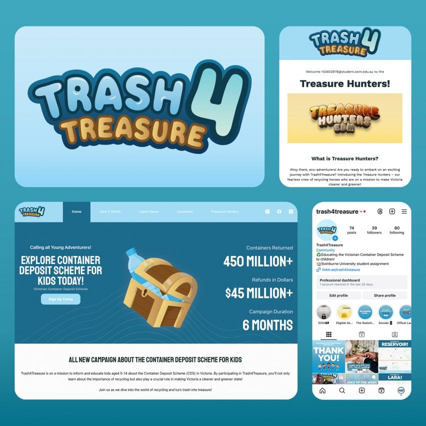 A series of images displaying the design of an app and website named 'Trash4Treasure', in tones of blue. There is an illustration of a brown and gold treasure chest that features throughout.