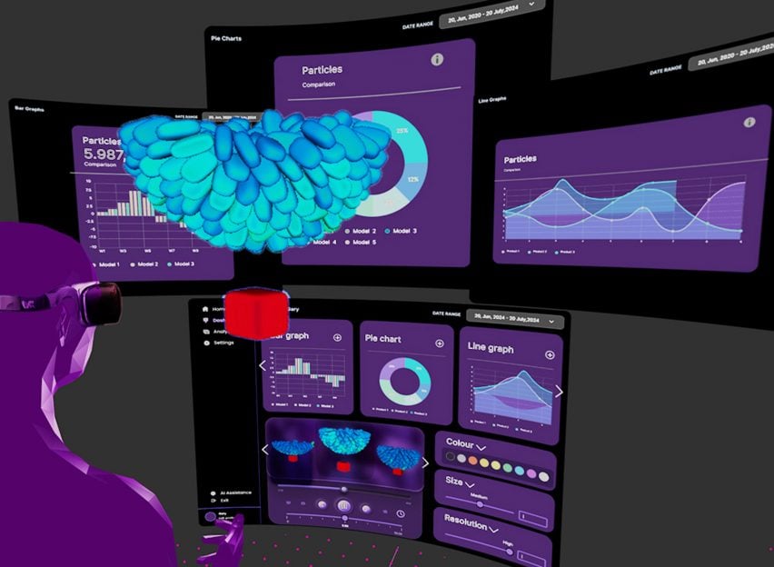 A visualisation of an AI software being put into use, in tones of purple, blue, red and black.