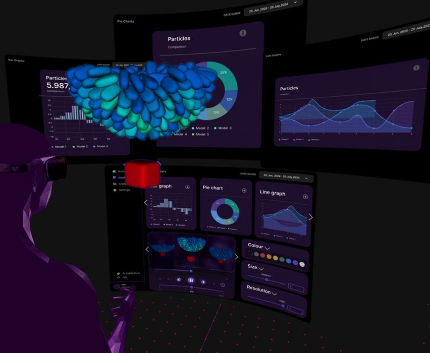 A visualisation of an AI software being put into use, in tones of purple, blue, red and black.