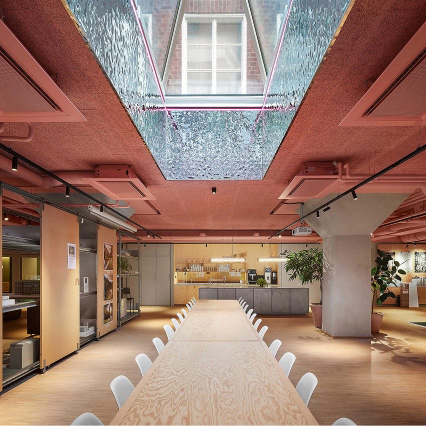 Skylight over wooden meeting table