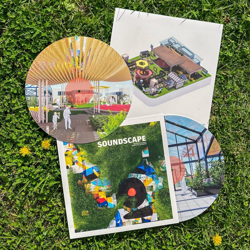 A photograph of printed designs for record sleeves and vinyl discs, which have visualisations of a soundscape centre printed onto them in multiple colours. The designs are laid against green grass.