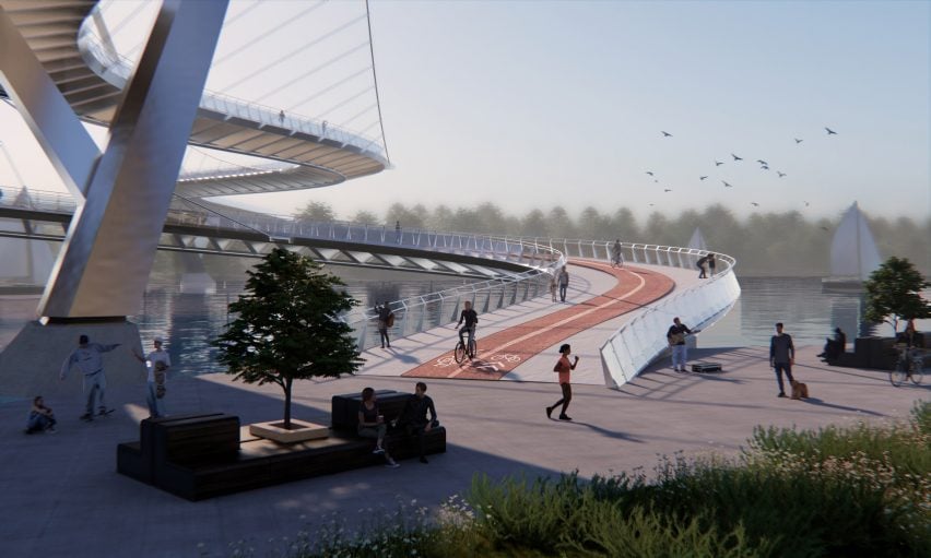 A visualisation of a winding, circular road path that is suspended above water, that leads onto a promenade, with people on the path and promenade. There is a blue sky above.