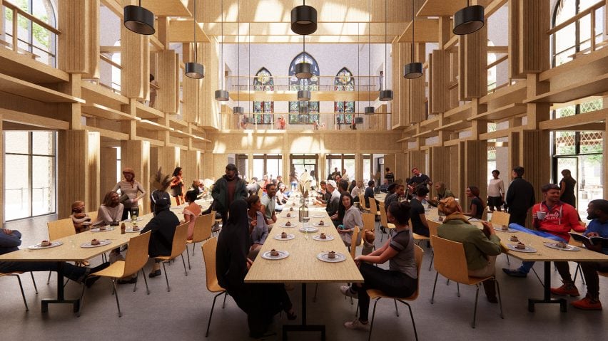 A visualisation of a dining hall in tones of brown and beige, with multiple people sat down at three large tables, eating food and interacting.