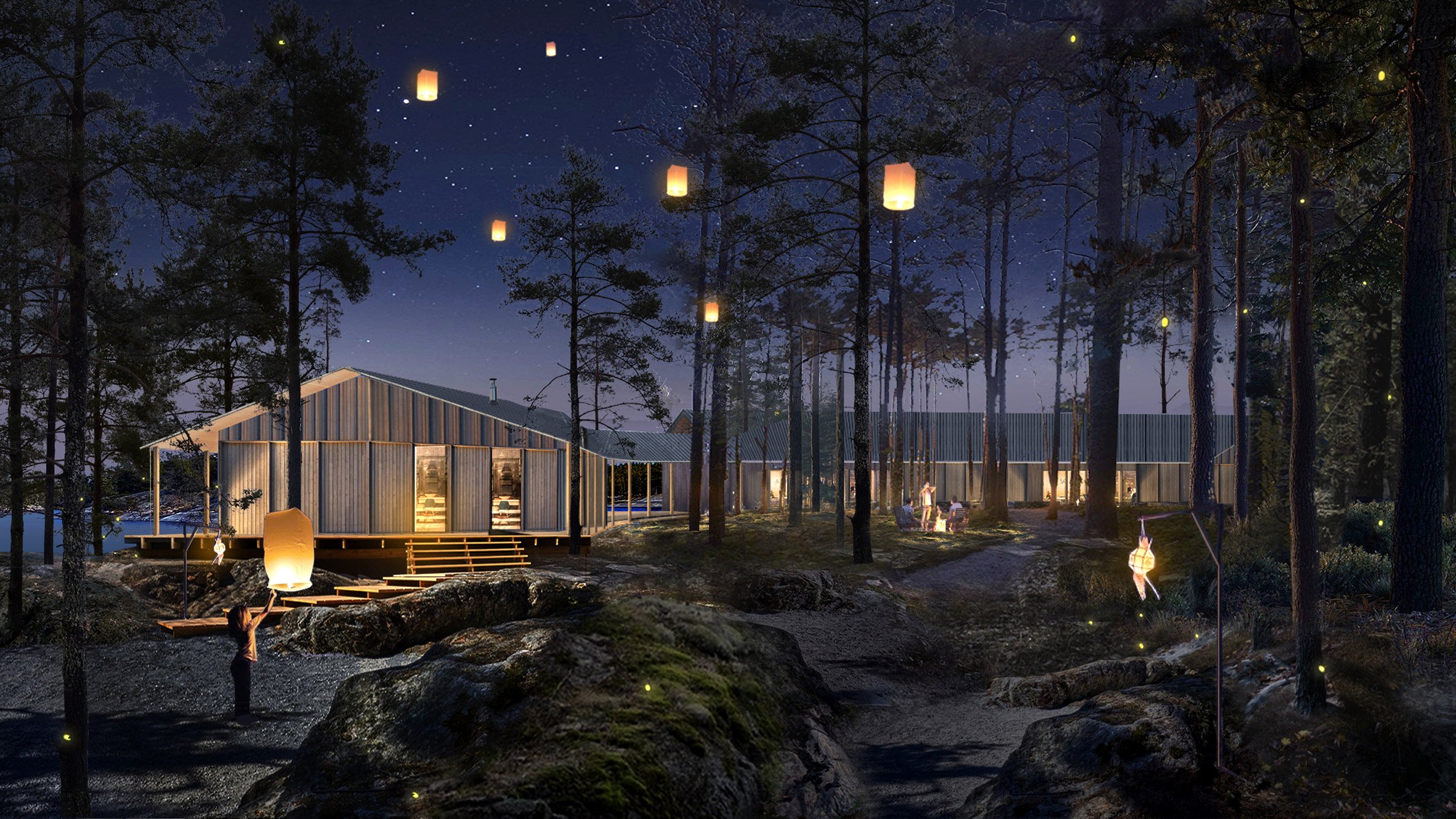 A visualisation of a cabin at night in tones of brown wood, amongst dark rocks. There are illuminated lanterns floating around the cabin in tones of orange and yellow, and tall dark trees surrounding the space.