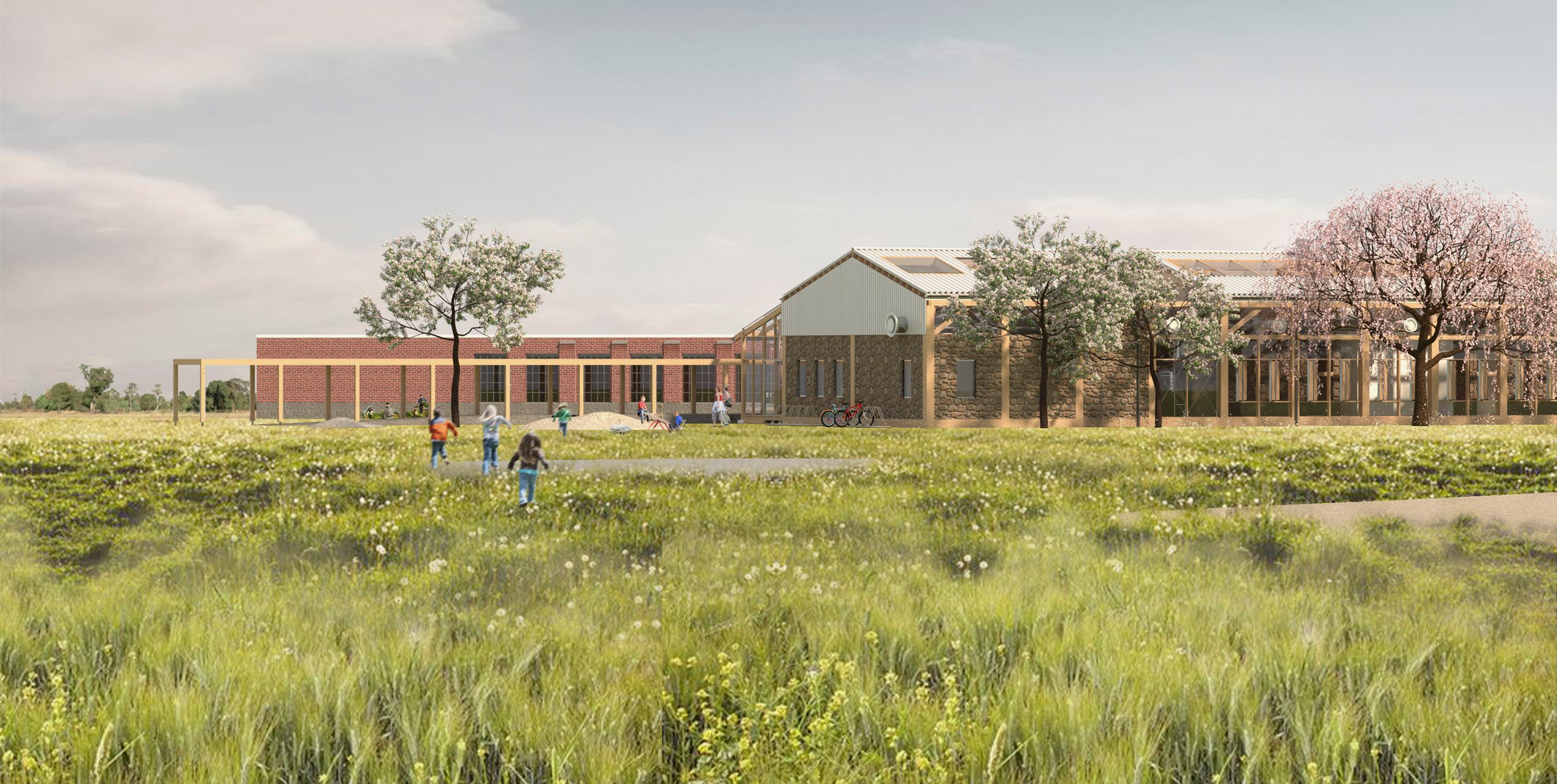 A visualisation of a brick building in tones of brown and white, within a green field with trees surrounding it.