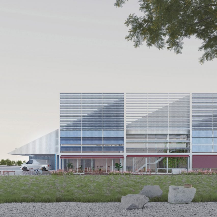 A visualisation of a series of square buildings in tones of blue and grey, with a green space in front of them.