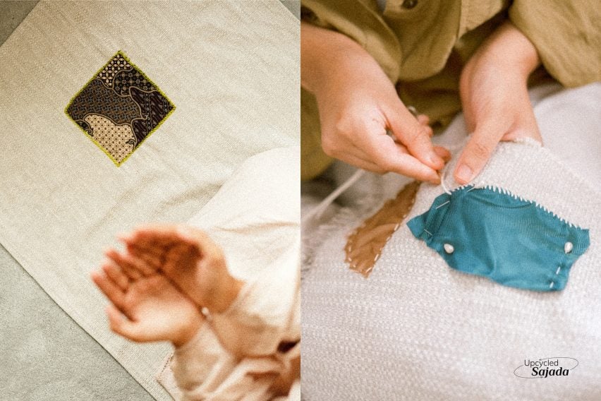 Two photographs beside one another; the first showing a person's hands in prayer position atop a beige prayer mat, the second showing a person sewing a blue patch into a wider piece of beige fabric.