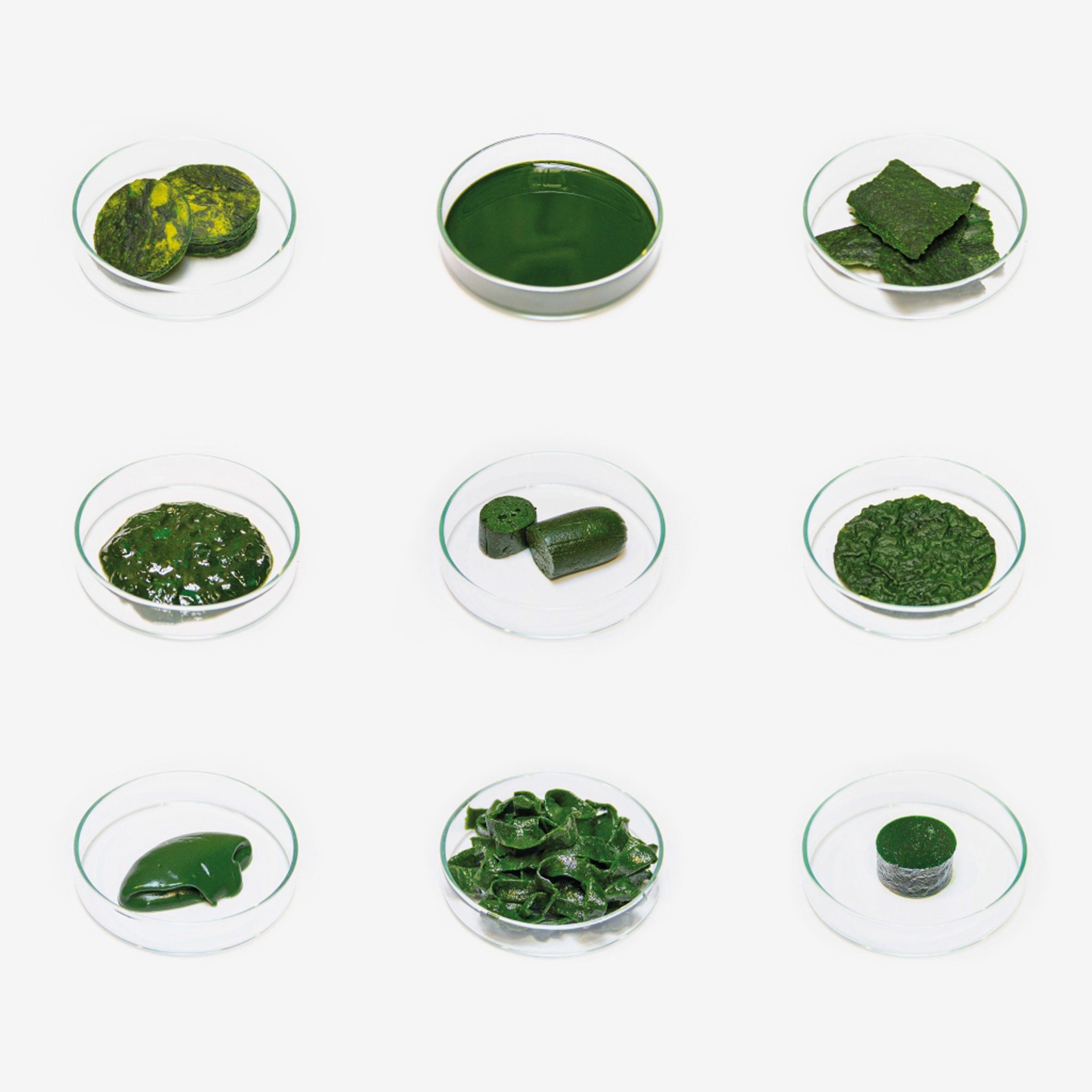 A photograph displaying nine glass dishes arranged in a grid like format with different green foods in each of them, against a white backdrop.